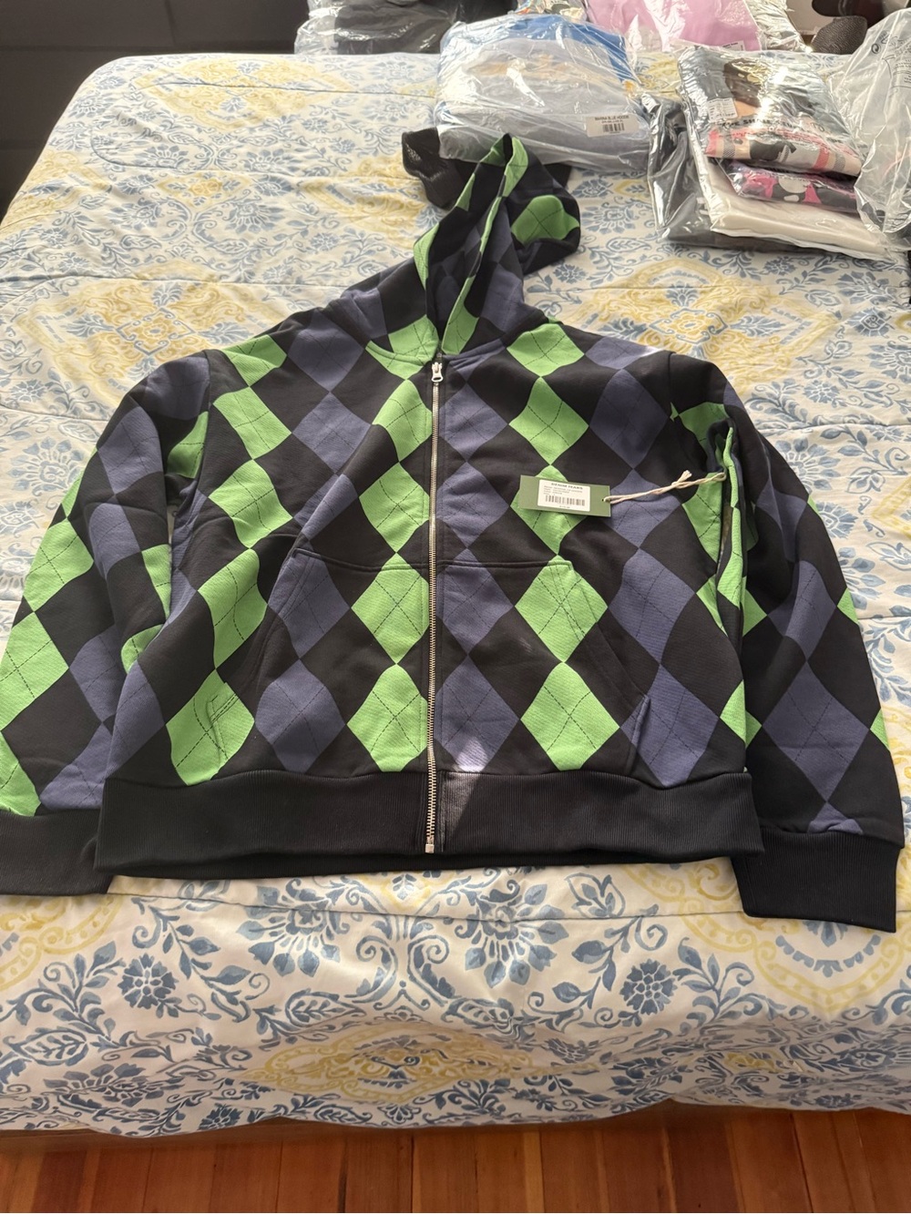 Denim Tears Intasia Zip Hoodie with Green & Blue Argyle